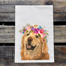 Load image into Gallery viewer, Golden Retriever Tea Towel, Bright Blooms Flower Crown, Spring Decor
