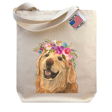 Load image into Gallery viewer, Golden Retriever Tote Bag, Bright Blooms Flower Crown , Spring Tote Bag
