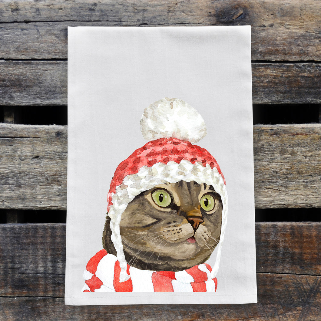Christmas Cat Towel, Christmas Grey Tabby Cat Towel