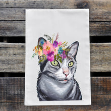 Load image into Gallery viewer, Grey Skinny Cat Tea Towel, Bright Blooms Flower Crown, Spring Decor
