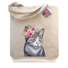 Load image into Gallery viewer, Grey Tabby Cat Tote Bag, Bright Blooms Flower Crown , Spring Tote Bag
