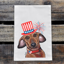 Load image into Gallery viewer, July 4th Dachshund Tea Towel, Cute Towel, Festive Kitchen Decor
