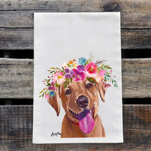Load image into Gallery viewer, Lab Puppy Tea Towel, Bright Blooms Flower Crown, Spring Decor
