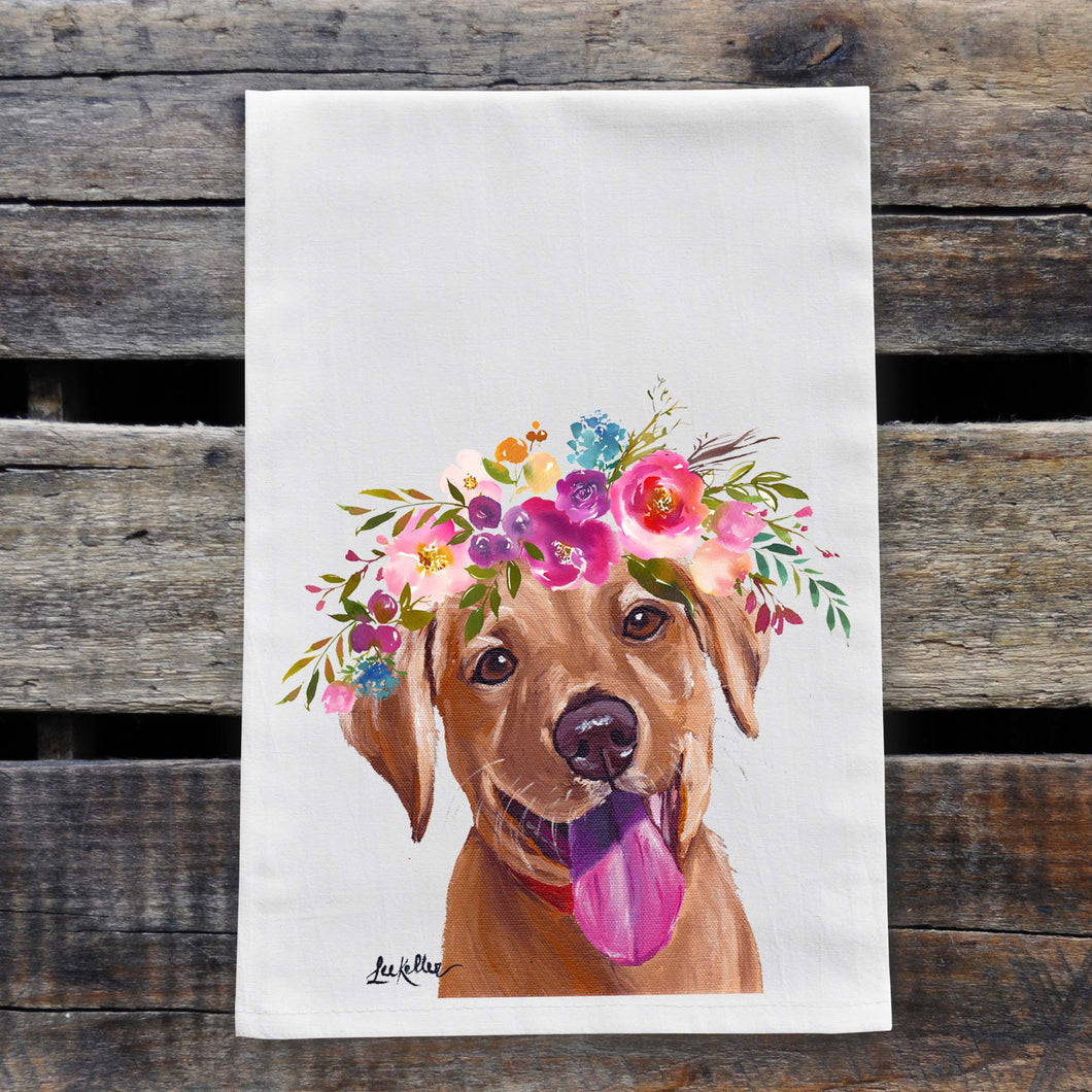 Lab Puppy Tea Towel, Bright Blooms Flower Crown, Spring Decor