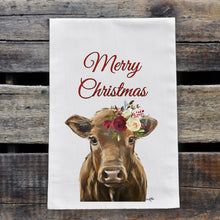 Load image into Gallery viewer, Cow Christmas Towel, &#39;Hershey&#39;, Merry Christmas Holiday Towel
