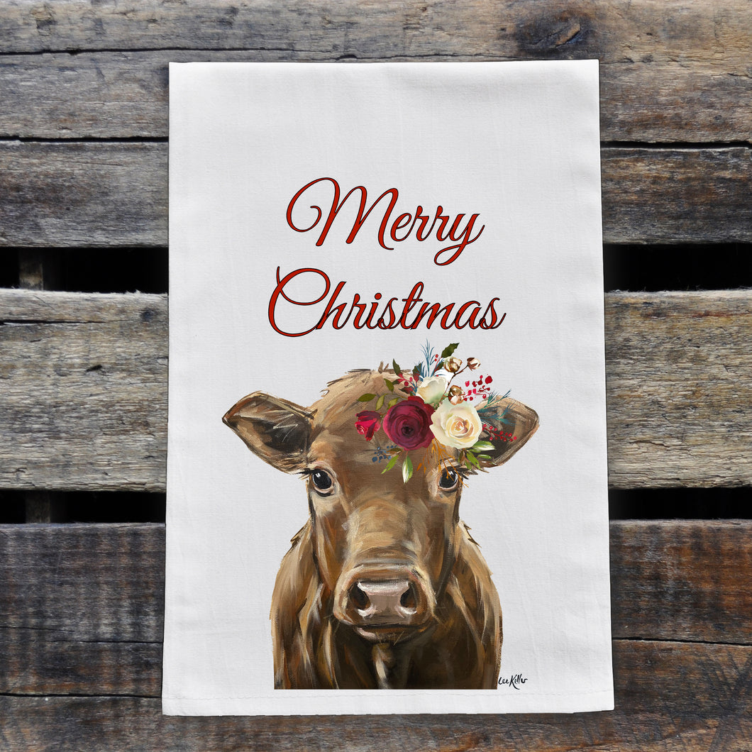 Cow Christmas Towel, 'Hershey', Merry Christmas Holiday Towel