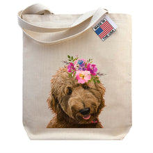 Load image into Gallery viewer, Golden Doodle Tote Bag, Bright Blooms Flower Crown , Spring Tote Bag
