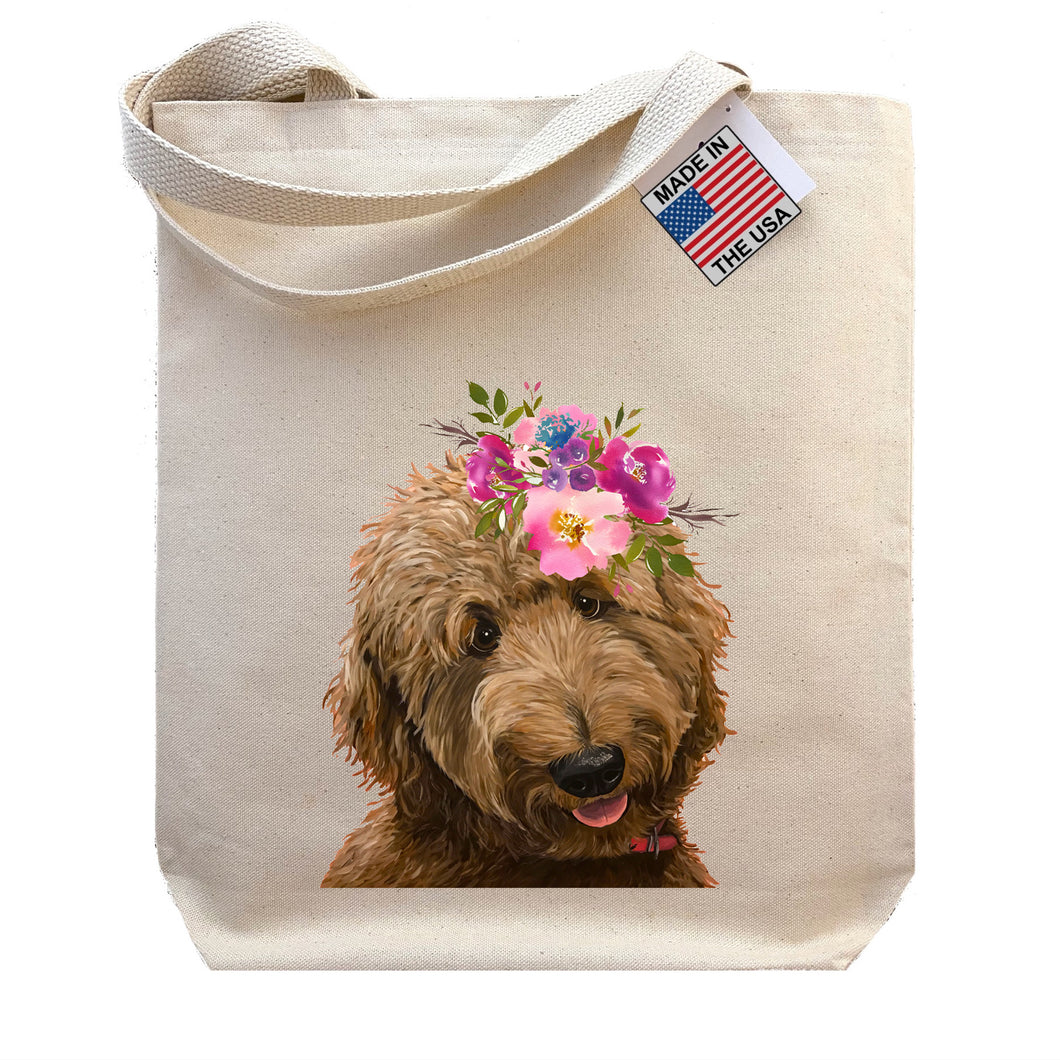 Golden Doodle Tote Bag, Bright Blooms Flower Crown , Spring Tote Bag
