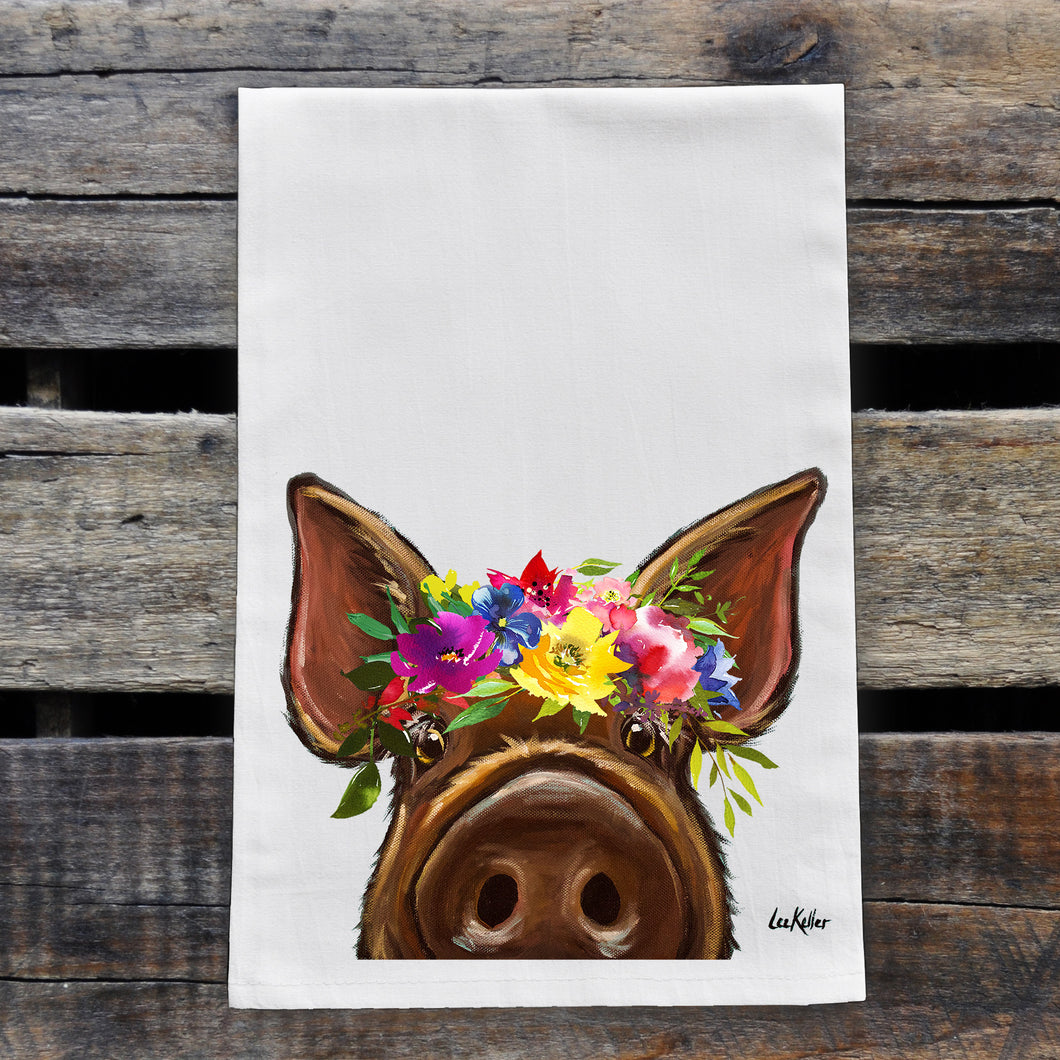 Pig Towel 'Elmer' Summer Flowers, Farmhouse Kitchen Decor