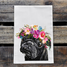 Load image into Gallery viewer, Pug Tea Towel, Bright Blooms Flower Crown, Spring Decor
