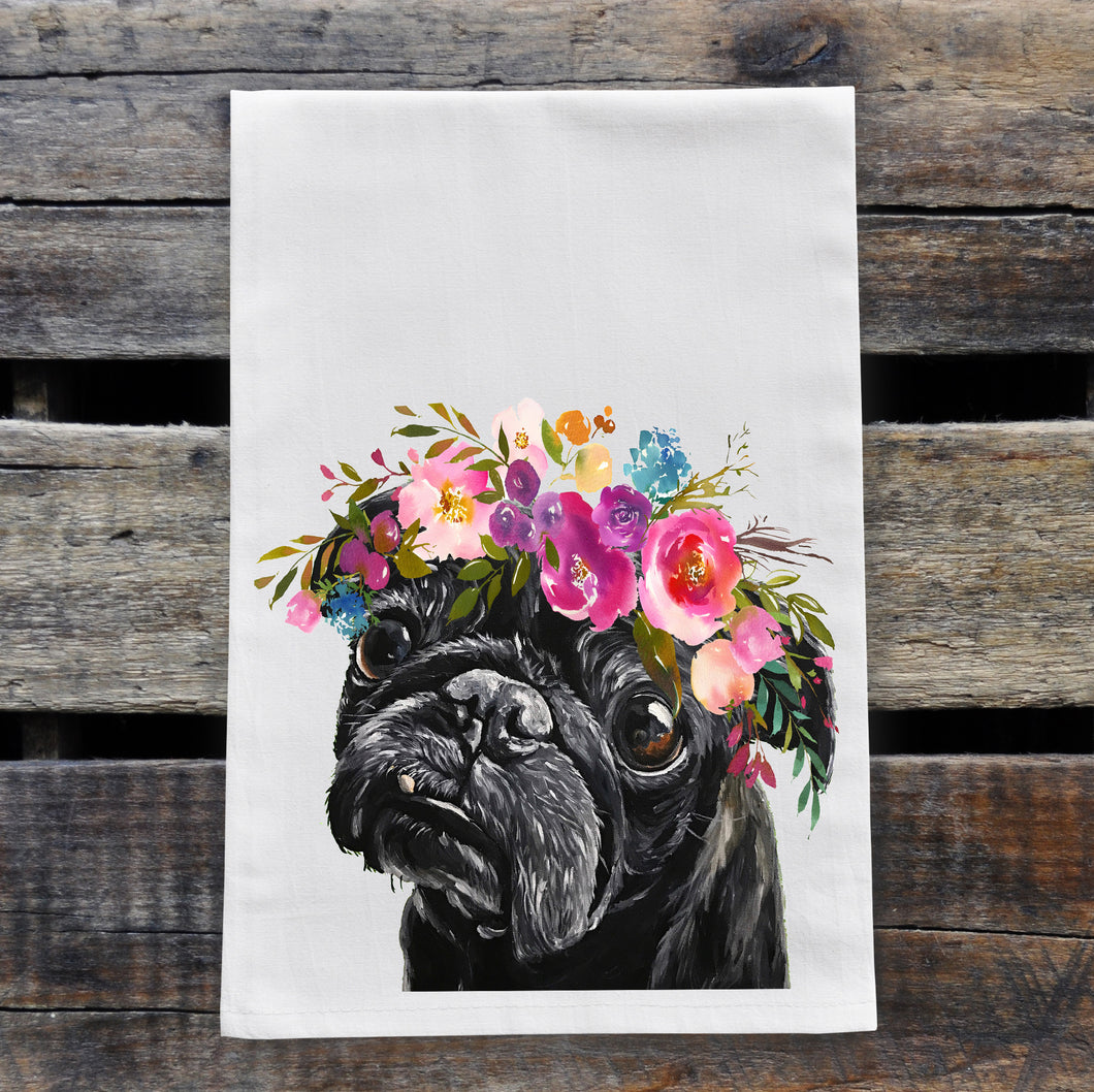 Pug Tea Towel, Bright Blooms Flower Crown, Spring Decor