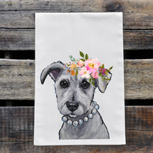 Load image into Gallery viewer, Schnauzer Tea Towel, Bright Blooms Flower Crown, Spring Decor
