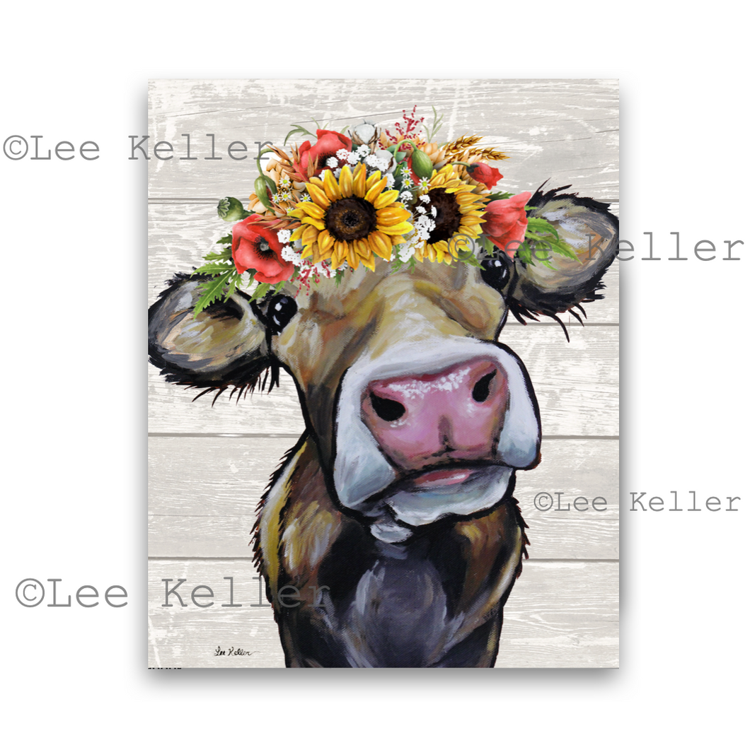 Cow Art, 'Hazel' Colorful Sunflower Cow Print