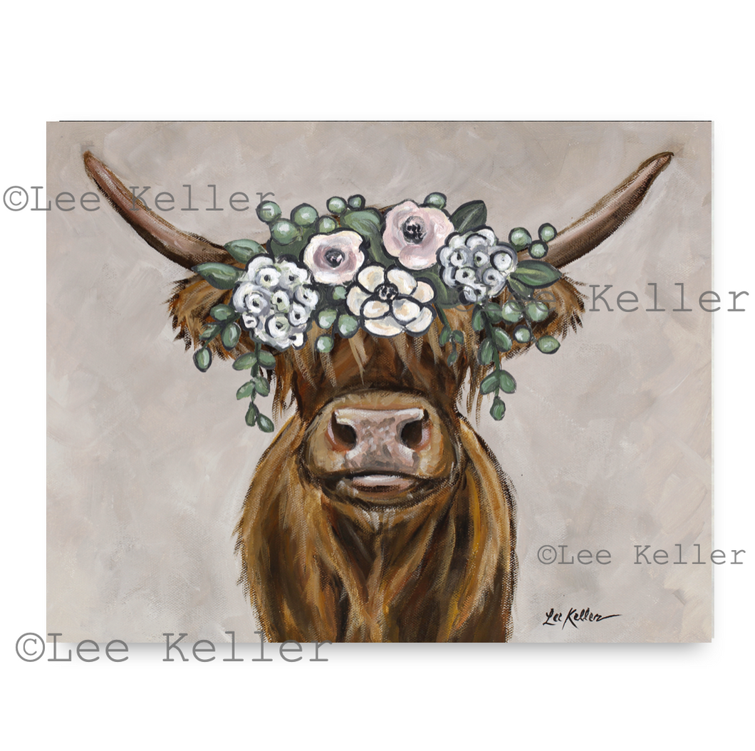 Highland Cow Art, 'Penny with Boho Flowers' Highland Cow Print