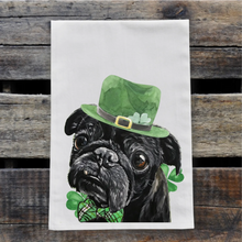 Load image into Gallery viewer, Dog St Patrick&#39;s Day Towel &#39;Black Pug&#39;, St Patrick Decor
