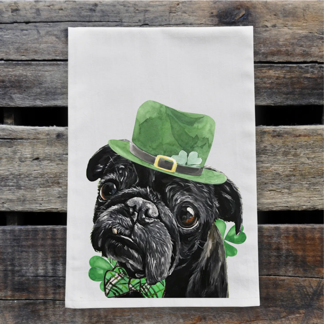 Dog St Patrick's Day Towel 'Black Pug', St Patrick Decor