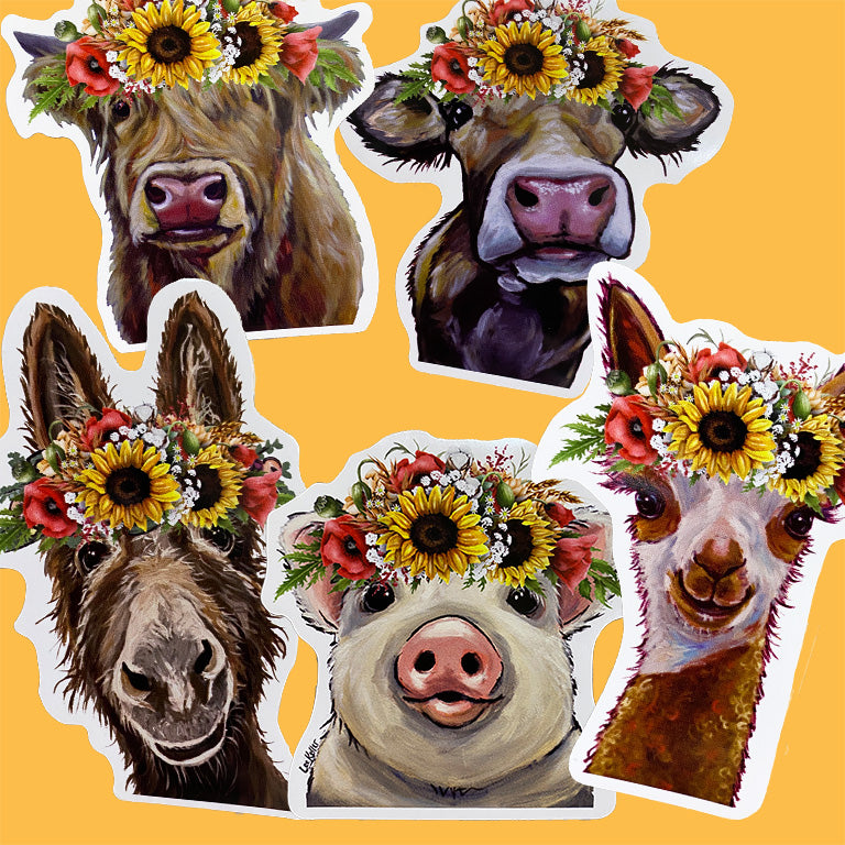 Farm Animals with Colorful Sunflower Sticker Bundle, 5 Stickers