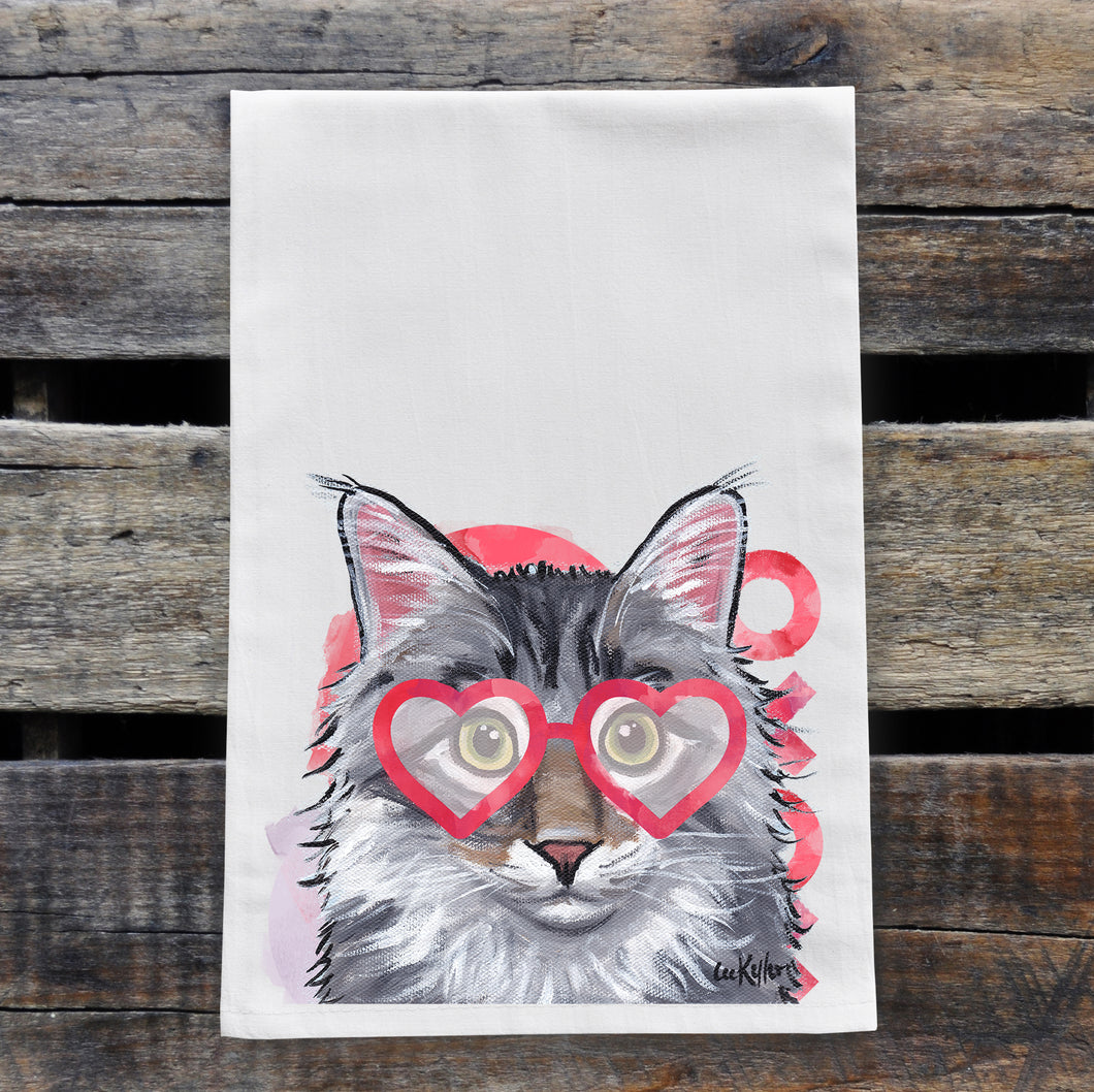 Grey Fluffy Cat Valentine's Day Towel, Valentine's Day Decor