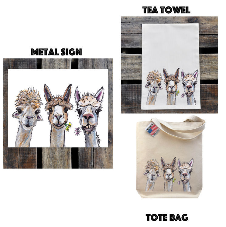 Alpaca Trio Gift Set, Metal Tin Sign/Tote Bag/Tea Towel, Alpaca Gift Set