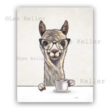 Load image into Gallery viewer, Alpaca Kitchen Art, Alpaca with Coffee, Alpaca Art Print
