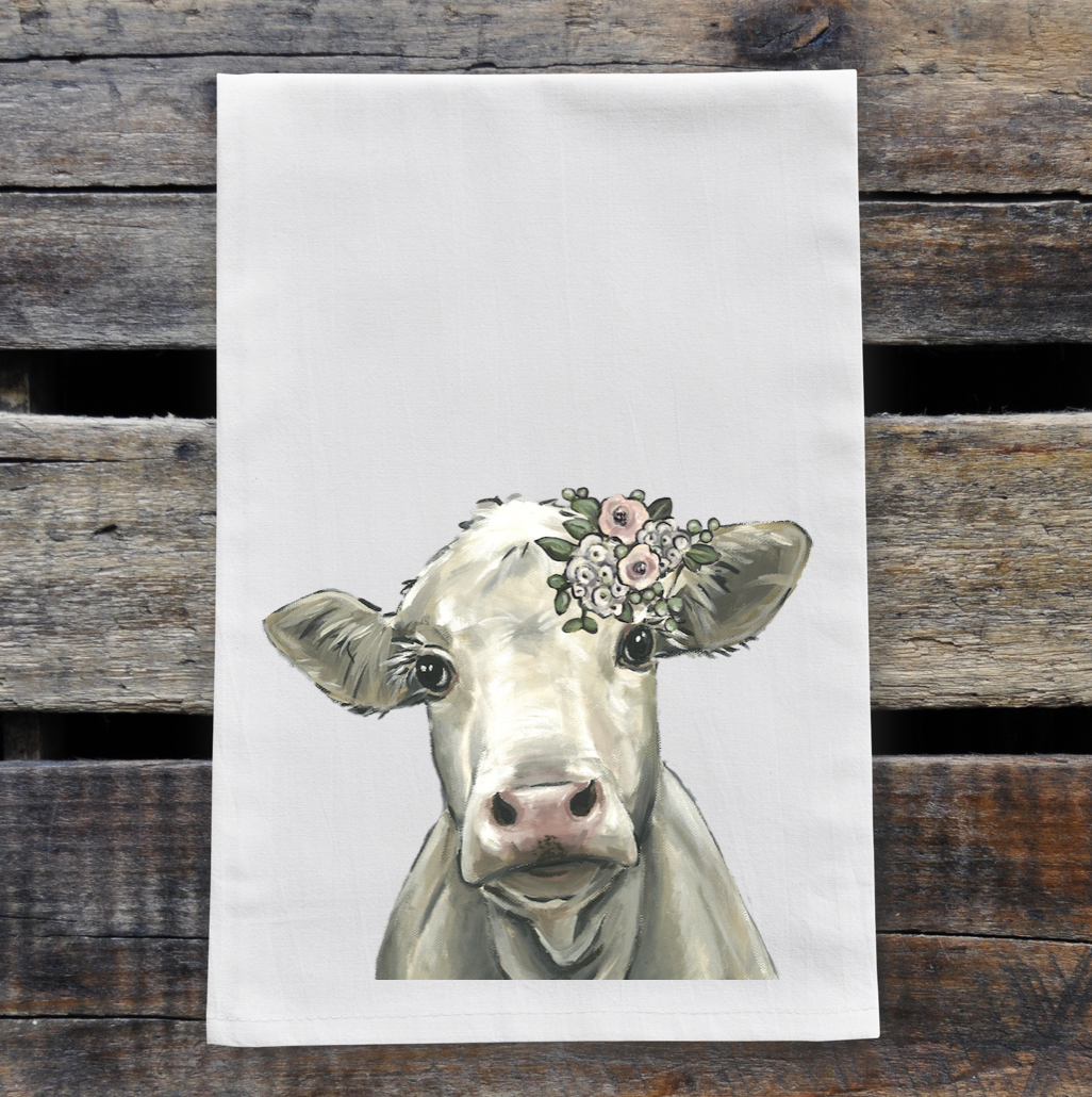 Cow Towel 'Annabelle' Boho Flowers, Farmhouse Kitchen Decor