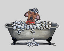 Load image into Gallery viewer, Bathroom Dog Art Print, Dachshund in Tub Fine Art Print

