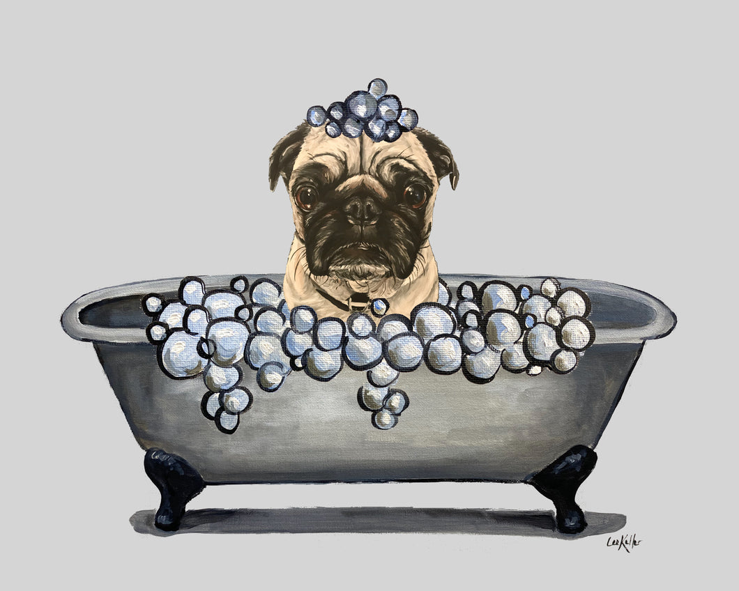 Bathroom Dog Art Print, Pug in Tub Fine Art Print