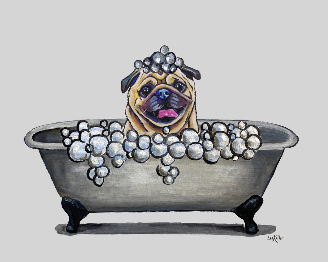 Bathroom Dog Art Print, Pug in Tub Fine Art Print