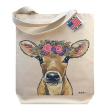 Load image into Gallery viewer, Cow Tote Bag, Cow Art on tote bag, &#39;Bambi&#39; with Flower Crown
