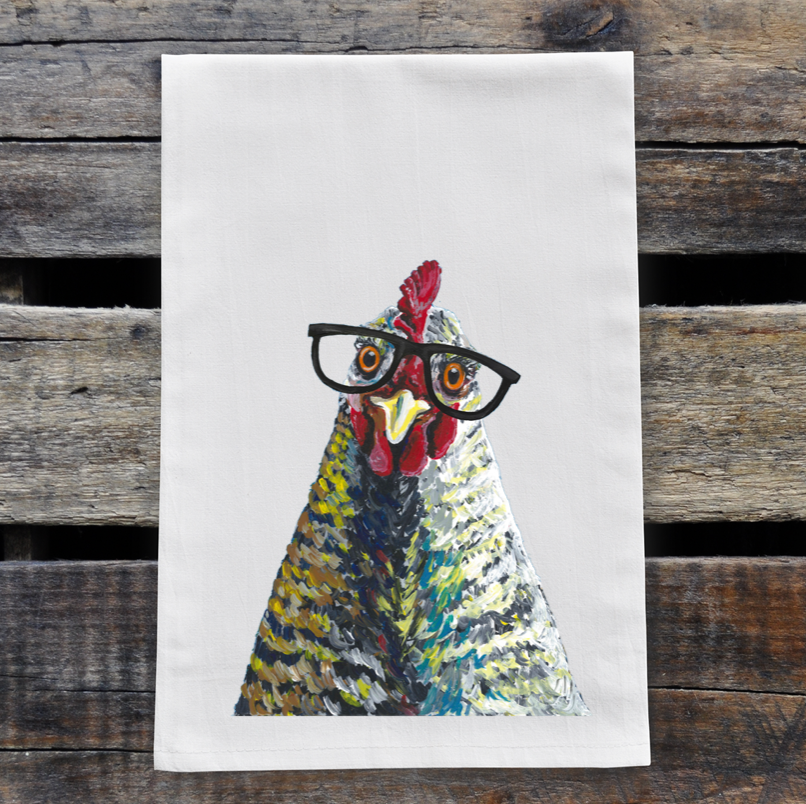 Chicken with Glasses Tea Towel 'Williaminia', Chicken Flour Sack Towel, Kitchen Decor