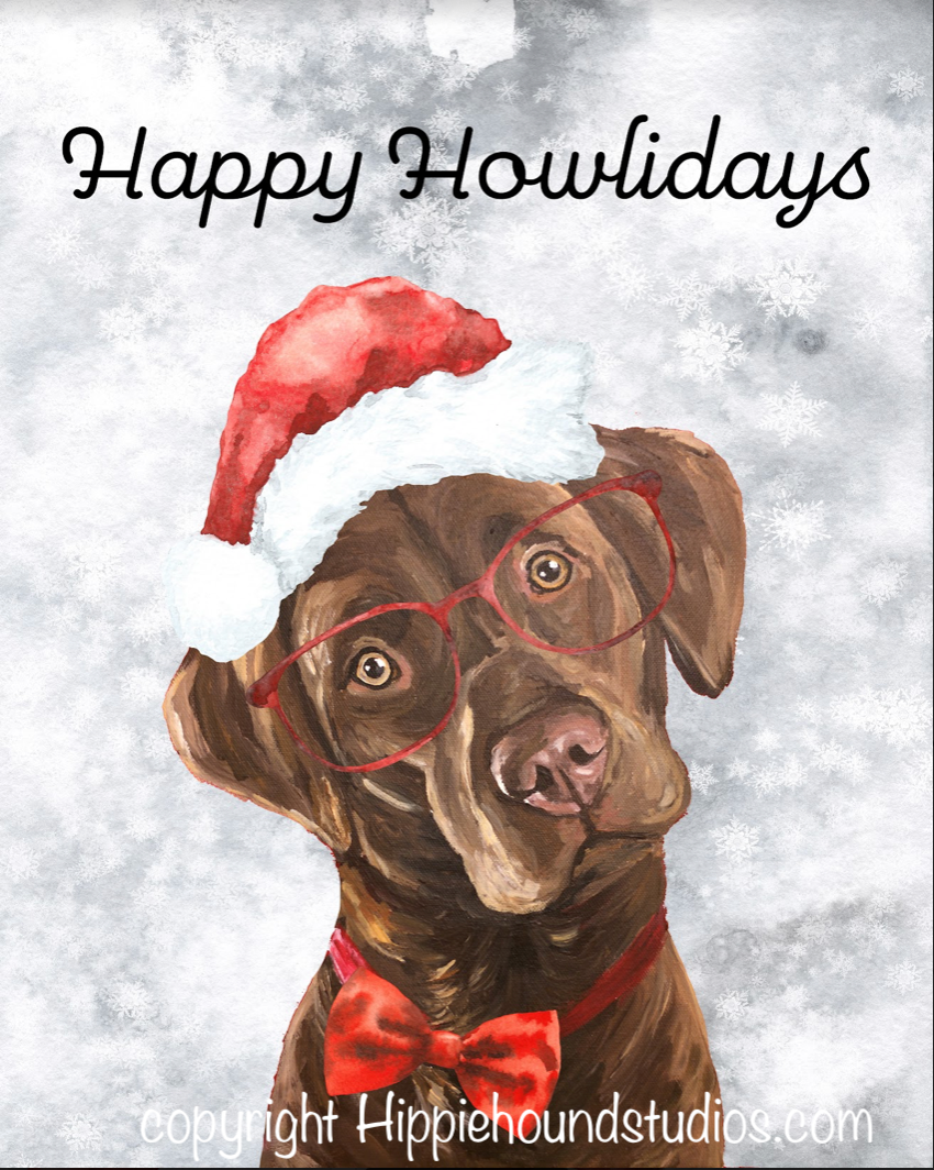 Christmas Dog Art Print, Chocolate Lab 'Happy Howlidays'