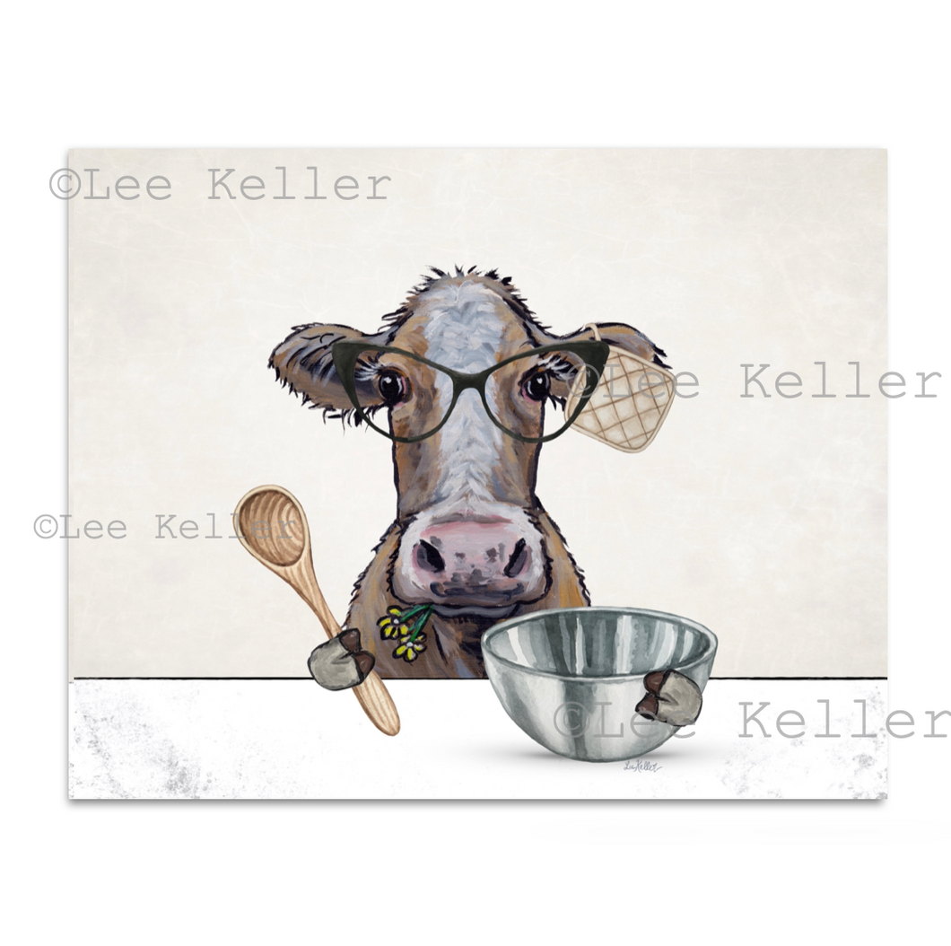 Cow Kitchen Art, Cow with Baking Supplies, Cow Art Print