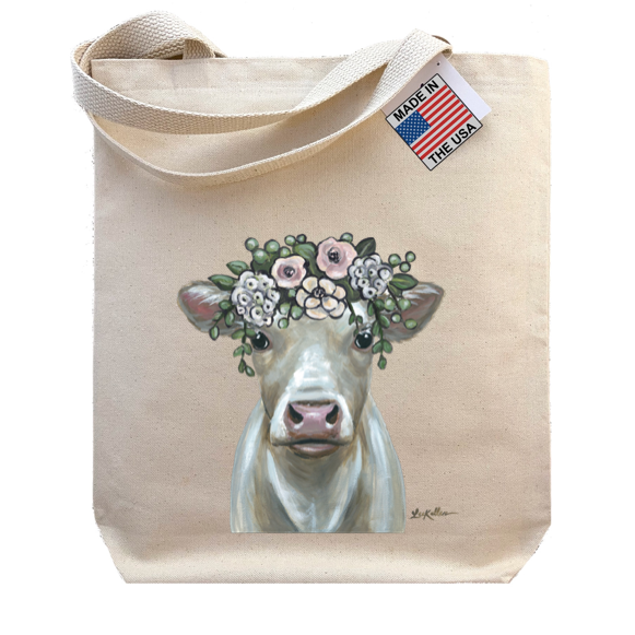 Boho Flowers Cow Tote Bag, 'Milkshake'
