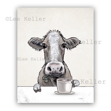 Load image into Gallery viewer, Cow Kitchen Art, Cow with Coffee, Cow Art Print
