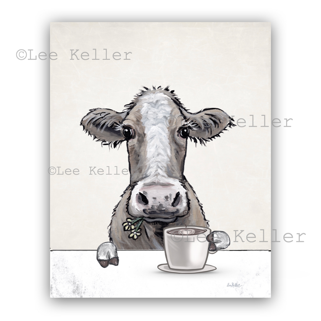 Cow Kitchen Art, Cow with Coffee, Cow Art Print