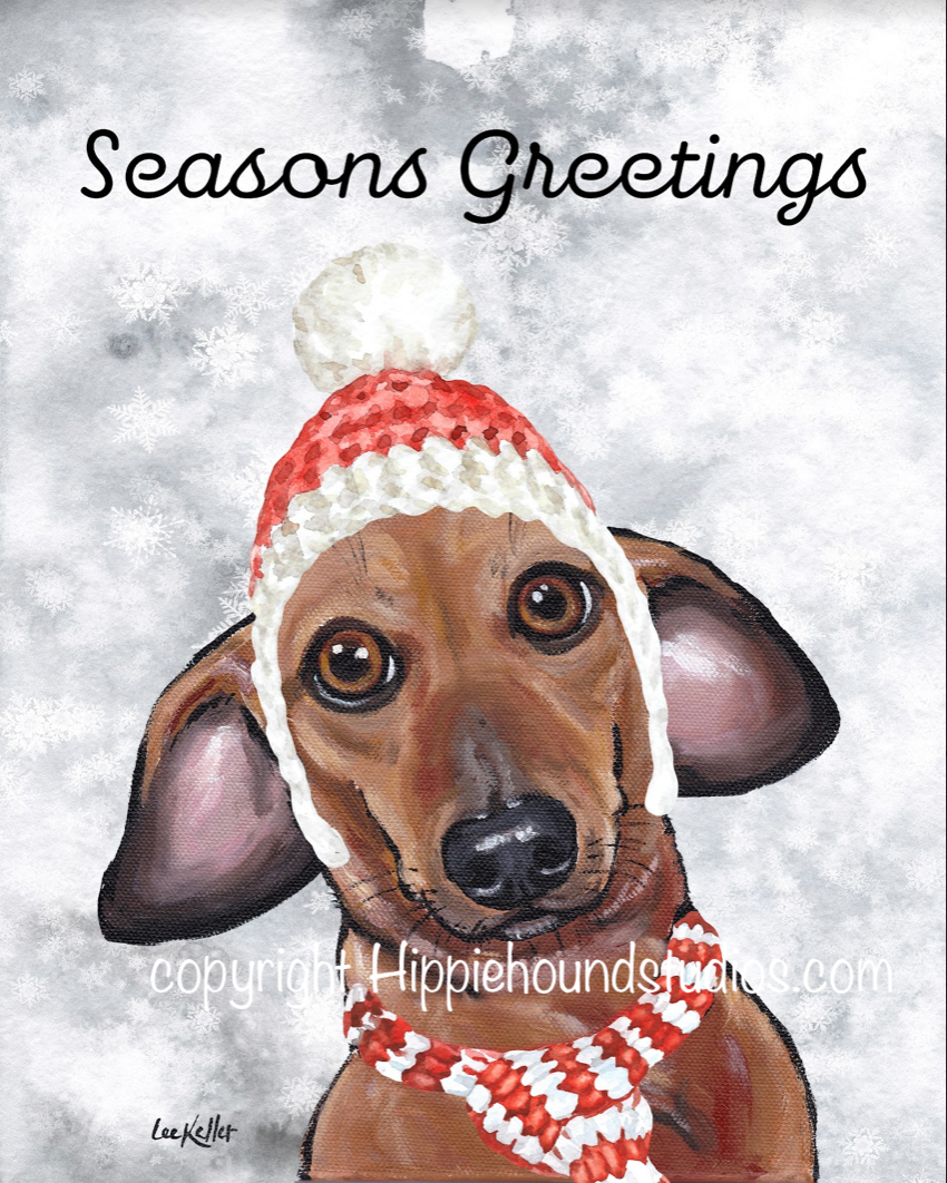 Christmas Dog Art Print, Dachshund 'Seasons Greetings'