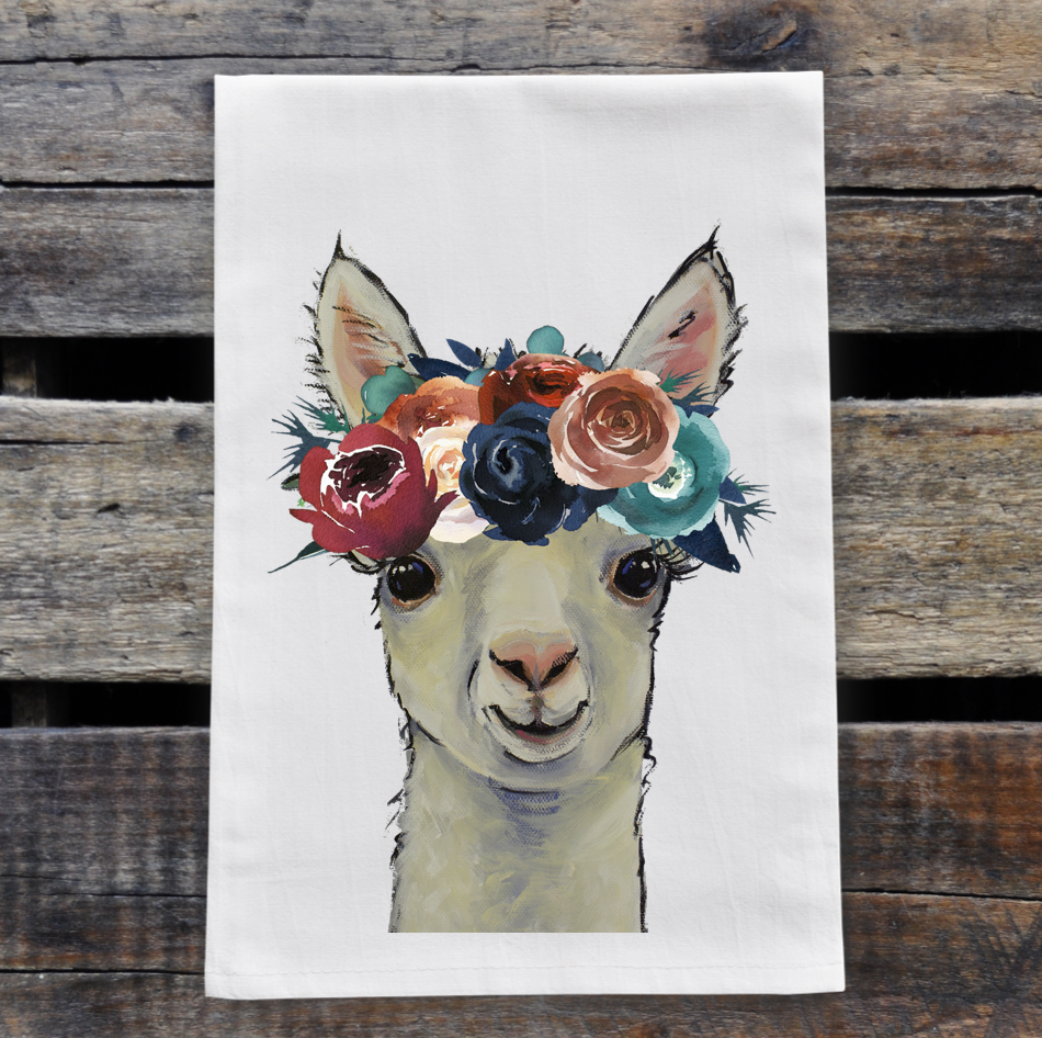 Alpaca Towel 'Sophie' Dark Boho Flowers, Farmhouse Kitchen Decor