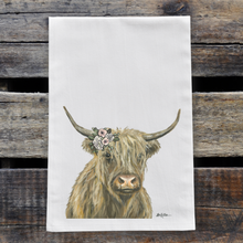 Load image into Gallery viewer, Highland Cow Towel &#39;Fern&#39; Boho Flowers, Farmhouse Kitchen Decor
