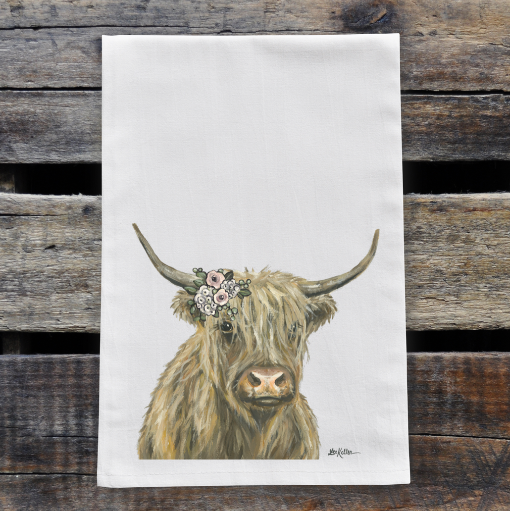 Highland Cow Towel 'Fern' Boho Flowers, Farmhouse Kitchen Decor