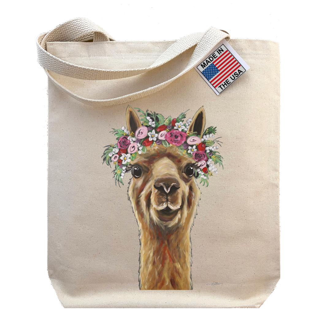 Alpaca Tote Bag,  Llama Lover Gift,  'Fiona' with Flower Crown