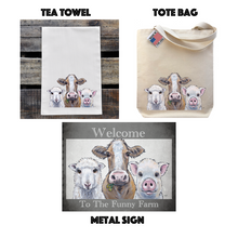 Load image into Gallery viewer, Farm Animal Trio Gift Set, Funny Farm Cow/Sheep/Pig, Metal Tin Sign/Tote Bag/Tea Towel, Farm Animal Gift Set
