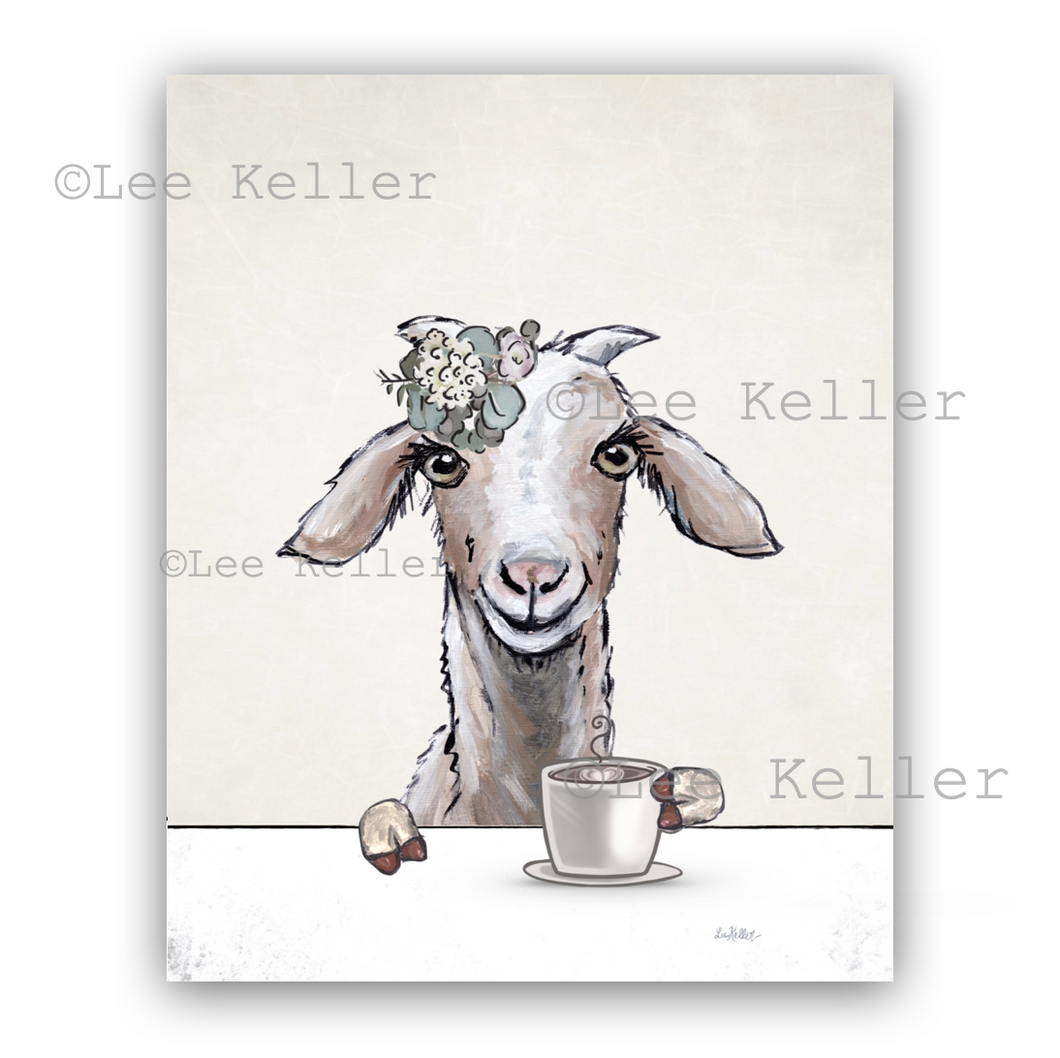 Goat Kitchen Art, Goat with Coffee, Goat Art Print
