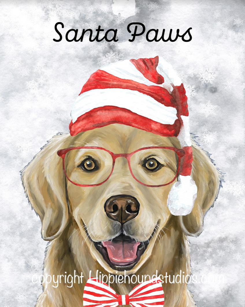 Christmas Dog Art Print, Golden Retriever 'Santa Paws'