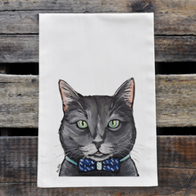 Load image into Gallery viewer, Grey Cat Towel, Farmhouse Kitchen Decor, Smokey with Bowtie Cat
