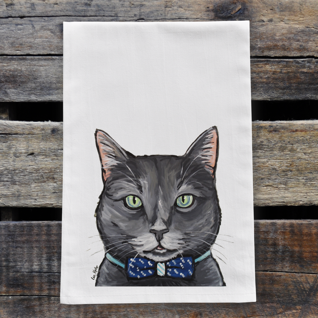 Grey Cat Towel, Farmhouse Kitchen Decor, Smokey with Bowtie Cat