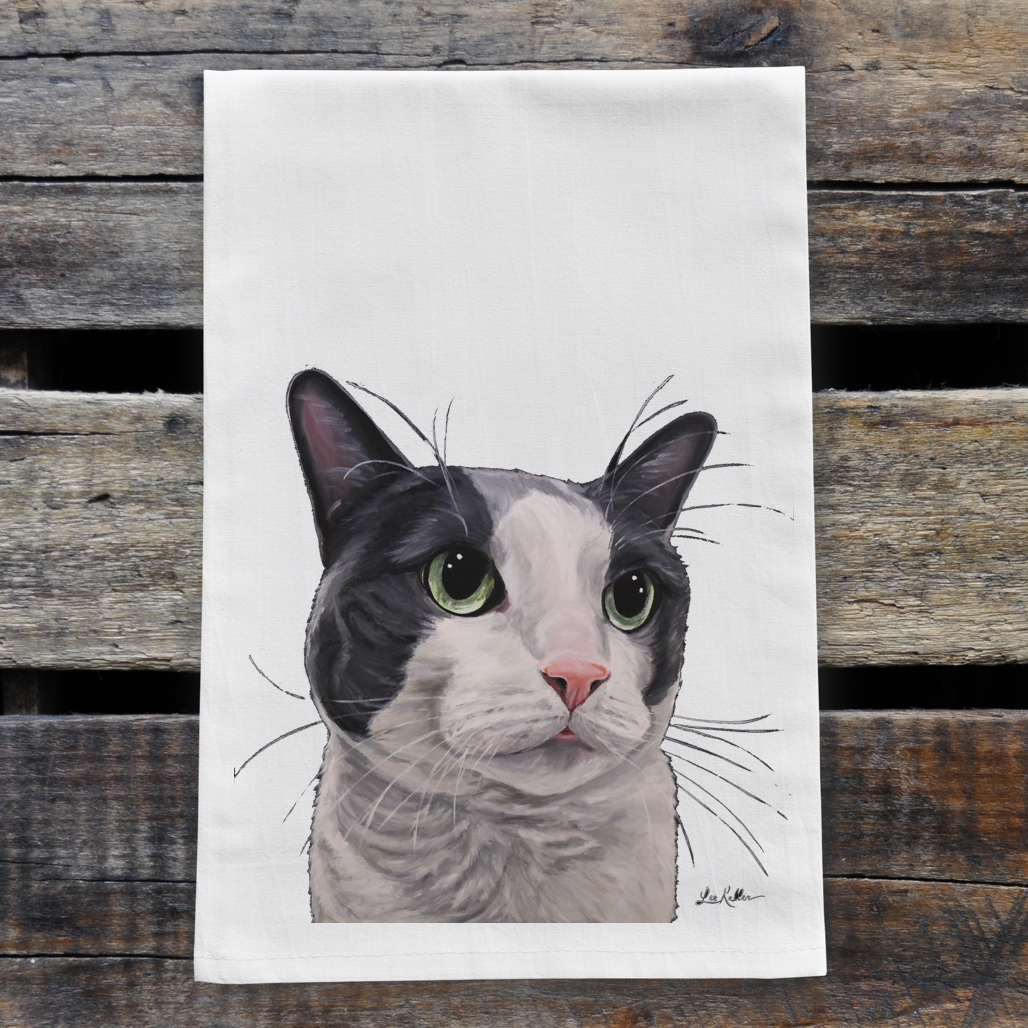 Grey & White Cat Towel, Farmhouse Kitchen Decor, Grey & White Cat