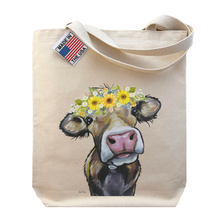 Load image into Gallery viewer, Cow Tote Bag, Sunflower Cow Flower Crown Tote
