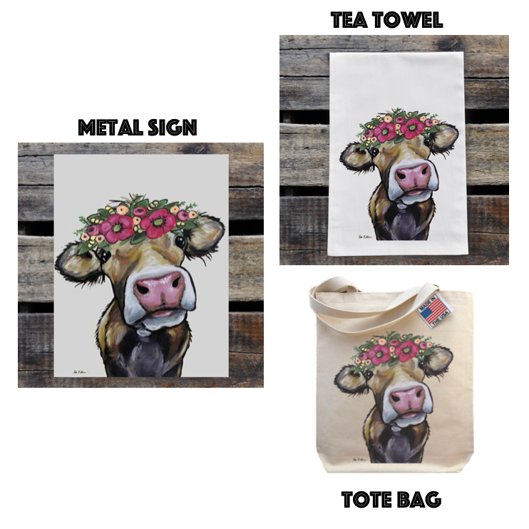 Cow Gift Set, Metal Tin Sign/Tote Bag/Tea Towel, Cow Gift Set