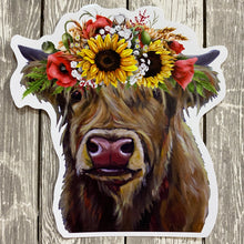 Load image into Gallery viewer, Colorful Sunflower Highland Cow Sticker, 4&quot; Sticker, Cute Highland Cow Sticker
