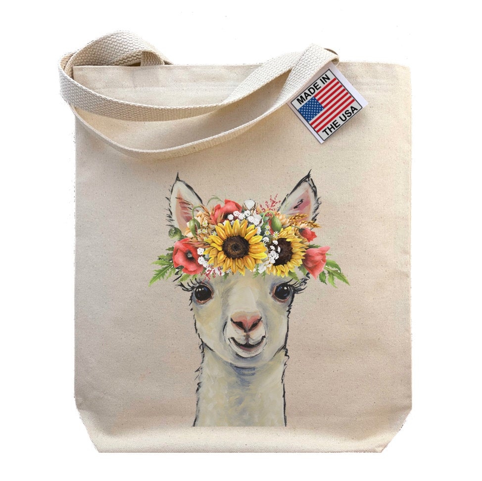 Colorful Sunflower Alpaca Tote Bag, Alpaca Lover Gift, Fall Llama Gifts